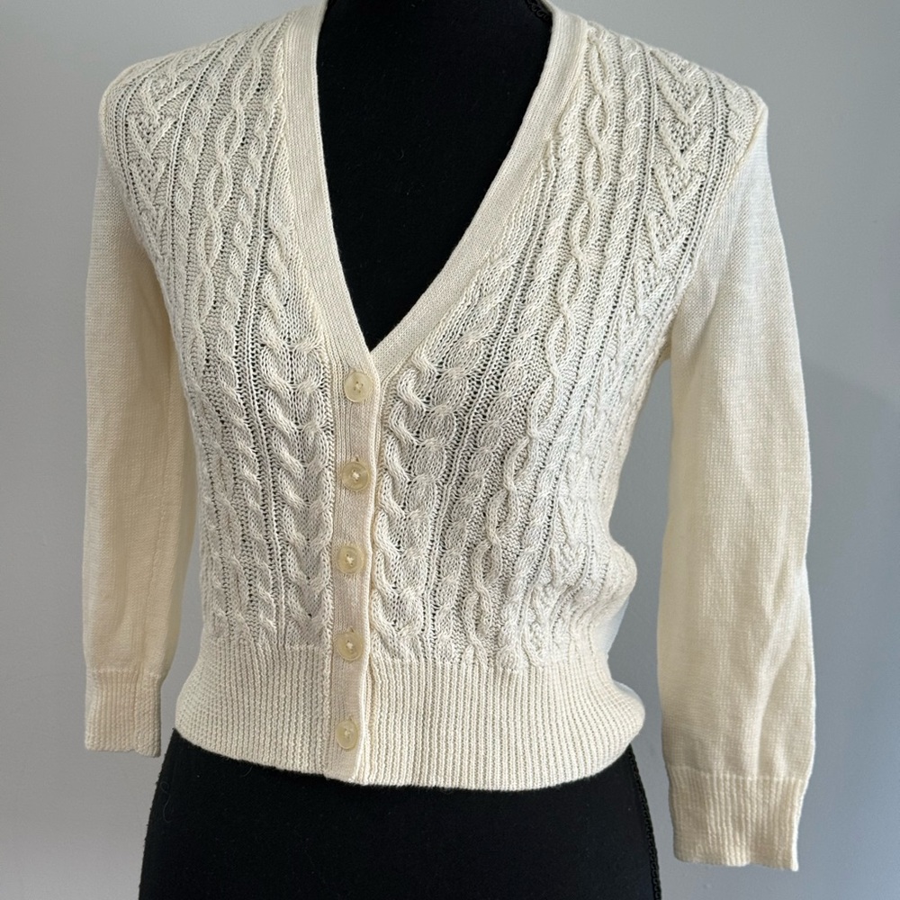 New Lauren Ralph Lauren PXS Green Label Cream Cable Knit Cardigan66% Linen 663 - Picture 3 of 8
